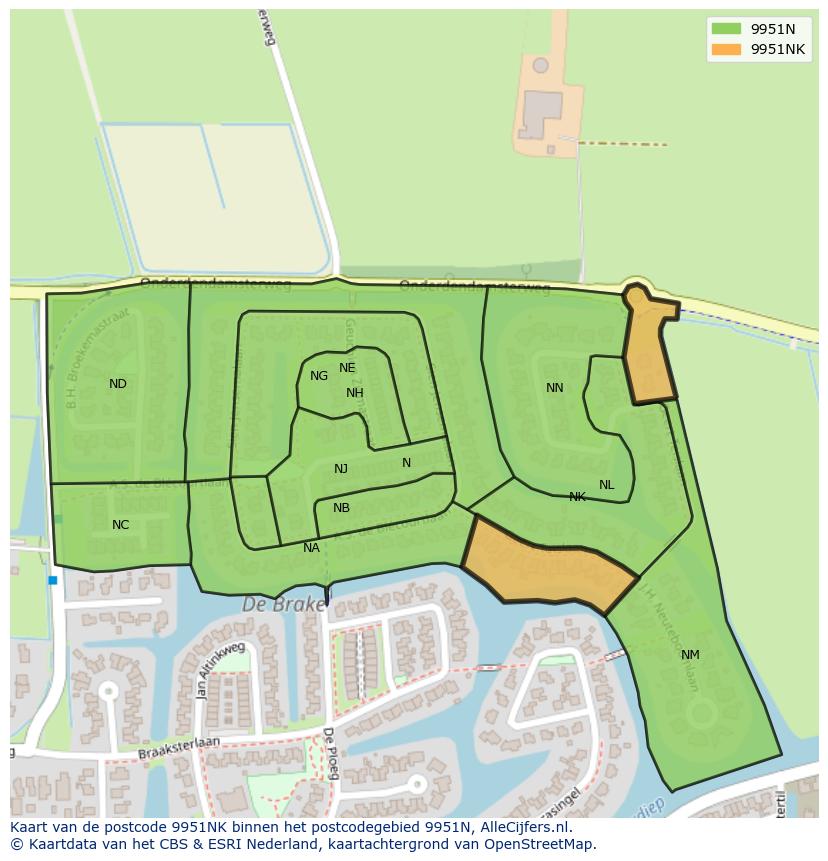 Afbeelding van het postcodegebied 9951 NK op de kaart.