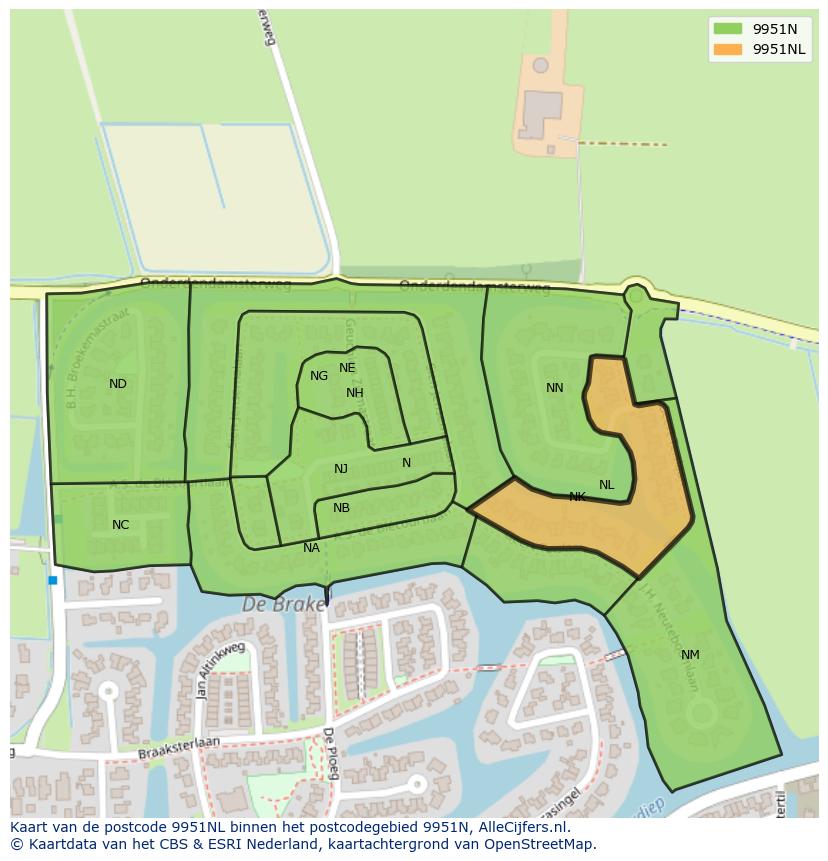 Afbeelding van het postcodegebied 9951 NL op de kaart.
