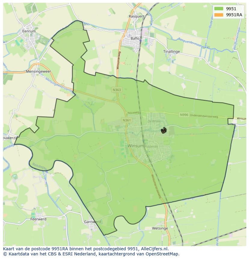 Afbeelding van het postcodegebied 9951 RA op de kaart.