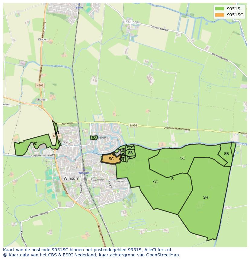 Afbeelding van het postcodegebied 9951 SC op de kaart.