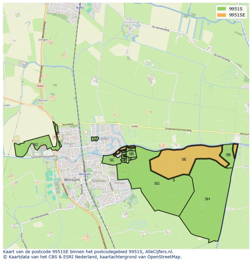 Afbeelding van het postcodegebied 9951 SE op de kaart.