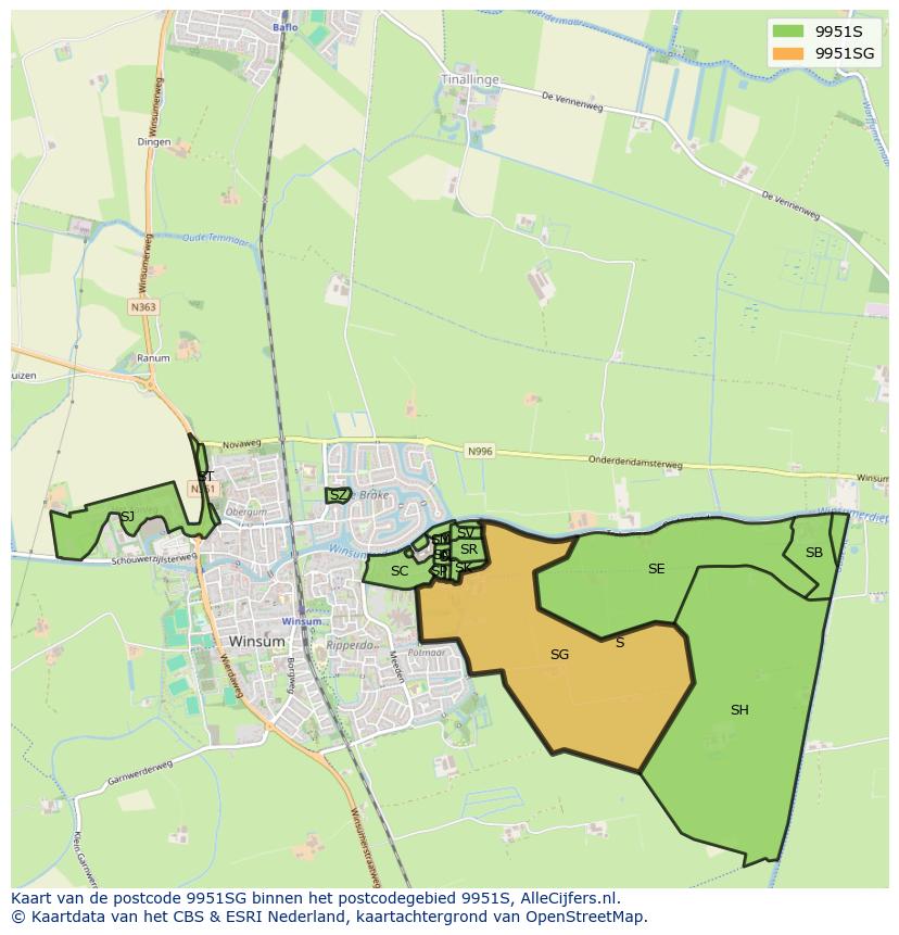 Afbeelding van het postcodegebied 9951 SG op de kaart.