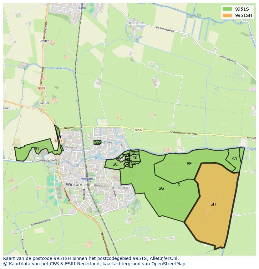 Afbeelding van het postcodegebied 9951 SH op de kaart.