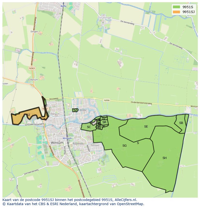 Afbeelding van het postcodegebied 9951 SJ op de kaart.