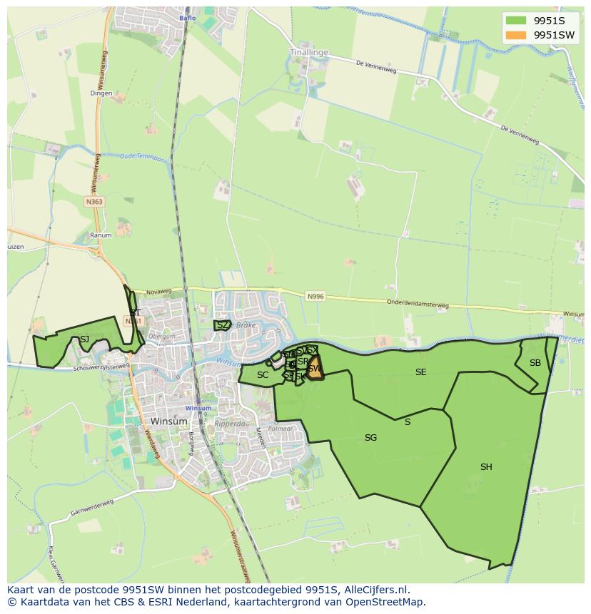 Afbeelding van het postcodegebied 9951 SW op de kaart.