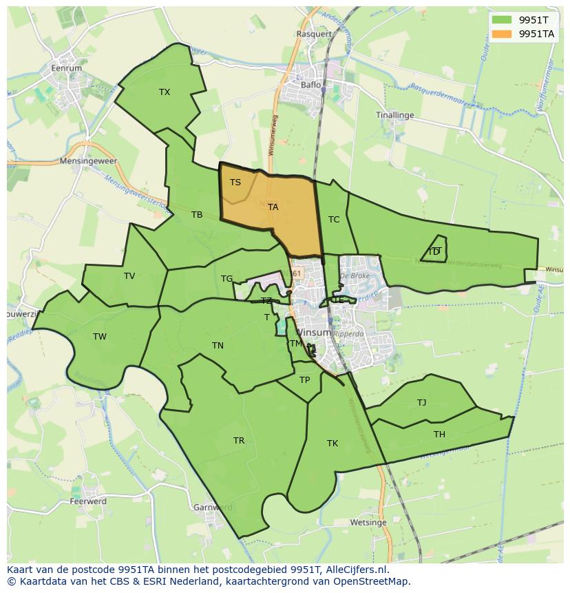 Afbeelding van het postcodegebied 9951 TA op de kaart.