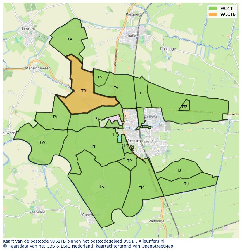 Afbeelding van het postcodegebied 9951 TB op de kaart.