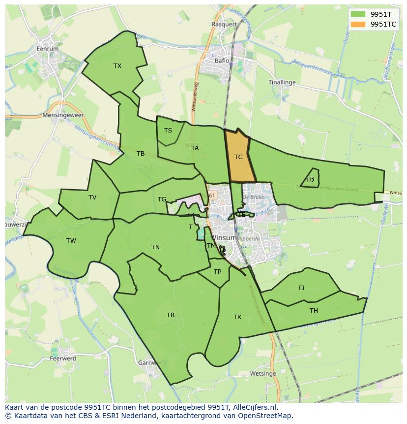Afbeelding van het postcodegebied 9951 TC op de kaart.