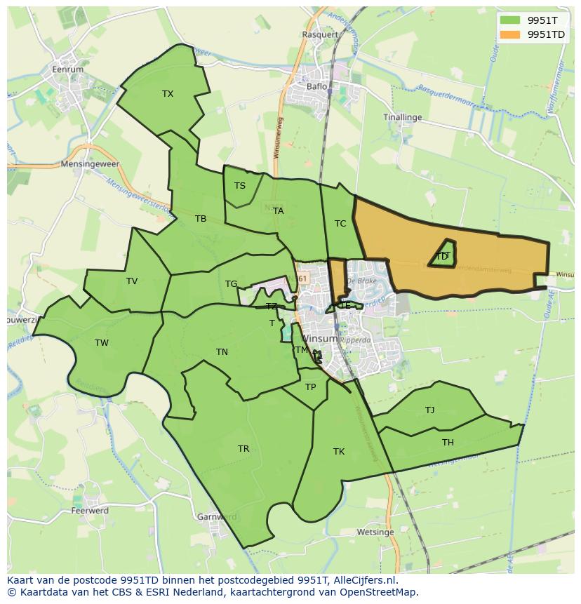 Afbeelding van het postcodegebied 9951 TD op de kaart.