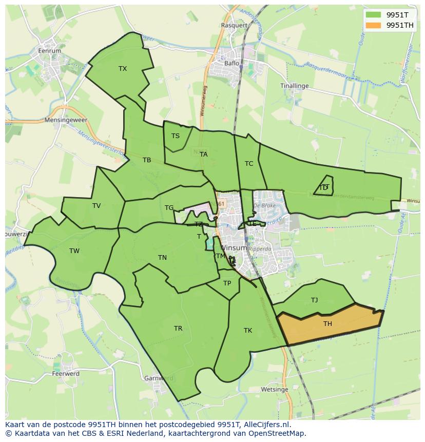 Afbeelding van het postcodegebied 9951 TH op de kaart.