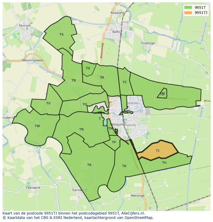 Afbeelding van het postcodegebied 9951 TJ op de kaart.