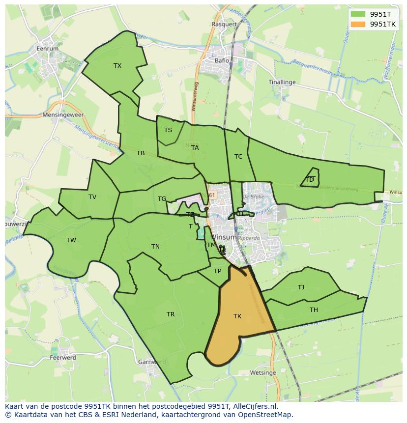 Afbeelding van het postcodegebied 9951 TK op de kaart.