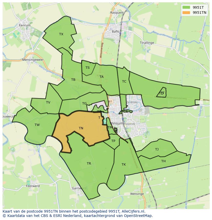 Afbeelding van het postcodegebied 9951 TN op de kaart.