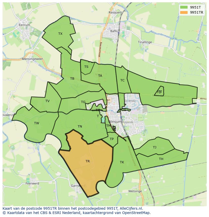 Afbeelding van het postcodegebied 9951 TR op de kaart.