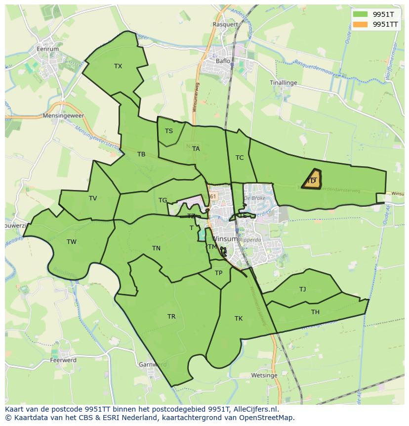 Afbeelding van het postcodegebied 9951 TT op de kaart.