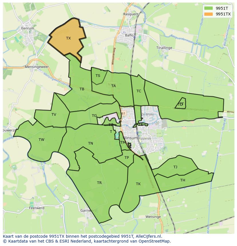 Afbeelding van het postcodegebied 9951 TX op de kaart.