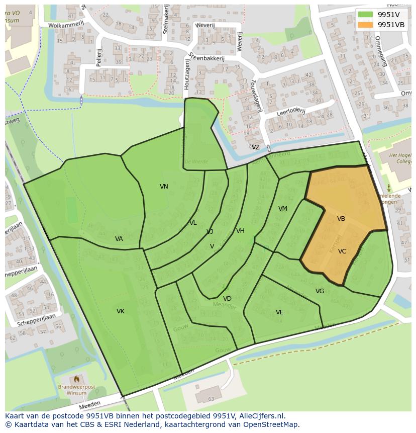 Afbeelding van het postcodegebied 9951 VB op de kaart.
