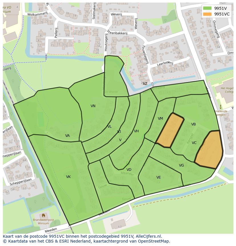 Afbeelding van het postcodegebied 9951 VC op de kaart.