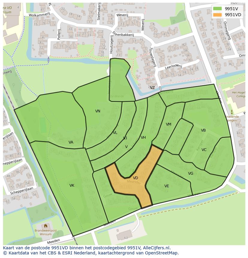 Afbeelding van het postcodegebied 9951 VD op de kaart.