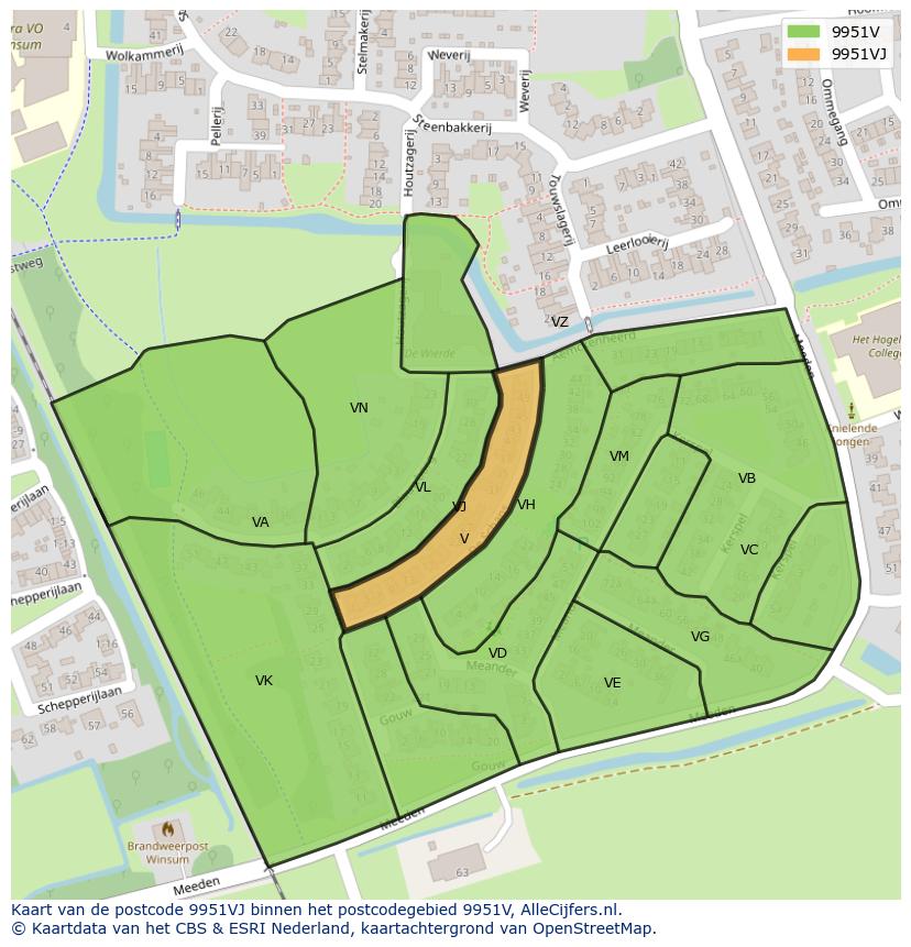 Afbeelding van het postcodegebied 9951 VJ op de kaart.