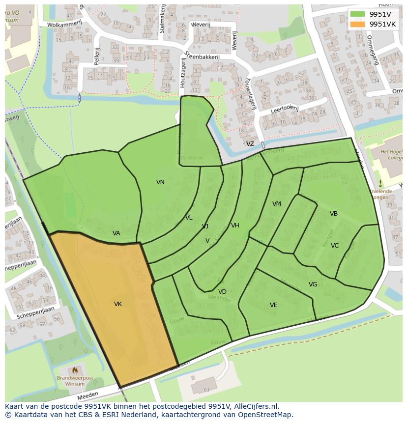 Afbeelding van het postcodegebied 9951 VK op de kaart.
