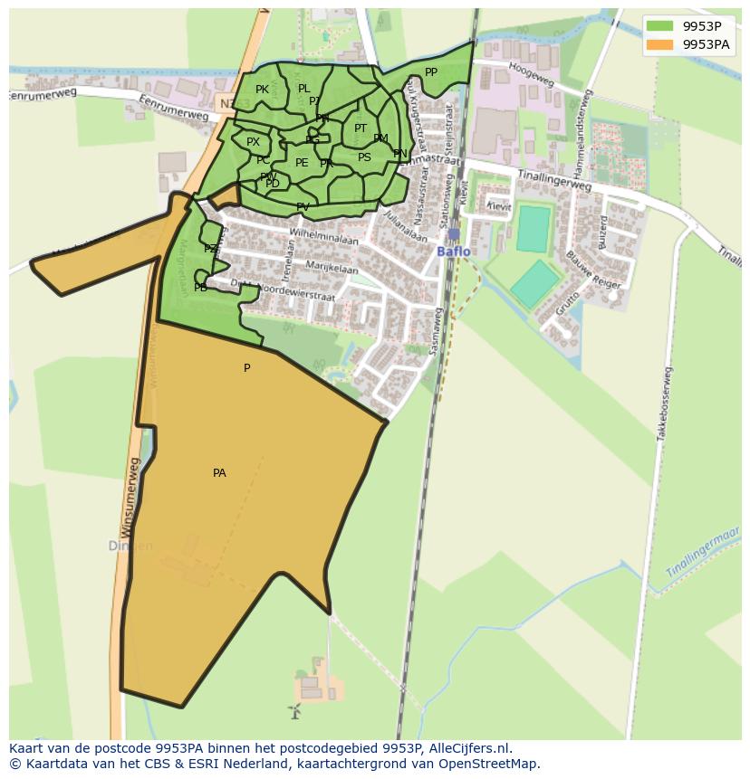 Afbeelding van het postcodegebied 9953 PA op de kaart.