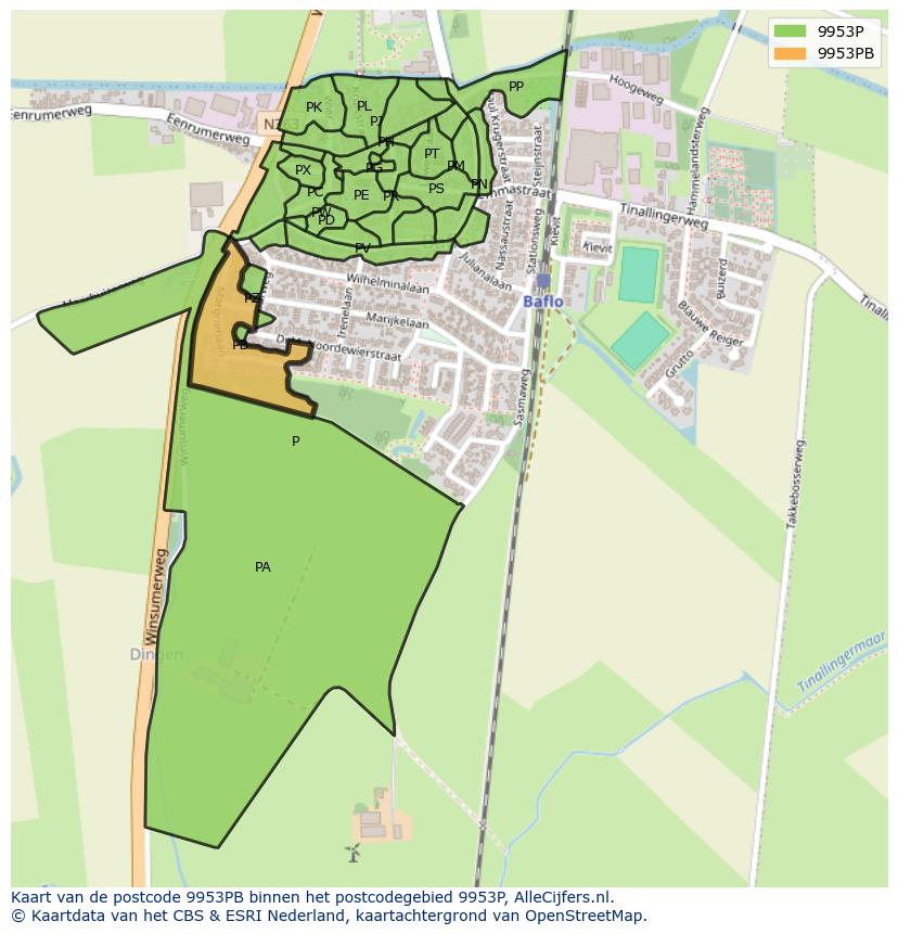 Afbeelding van het postcodegebied 9953 PB op de kaart.