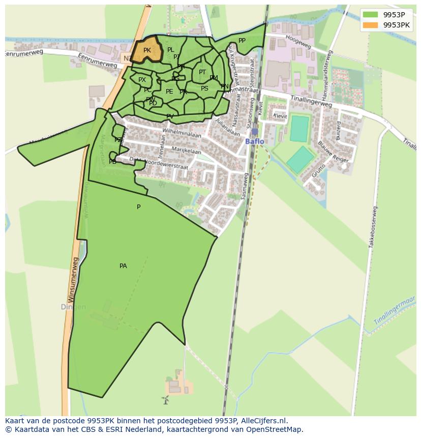 Afbeelding van het postcodegebied 9953 PK op de kaart.
