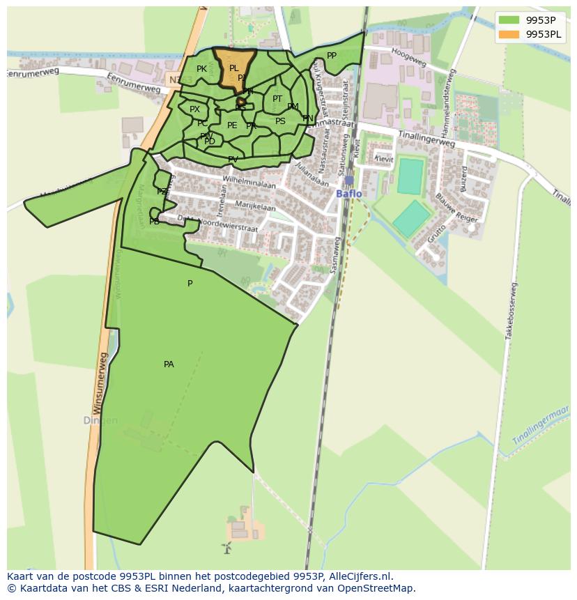 Afbeelding van het postcodegebied 9953 PL op de kaart.