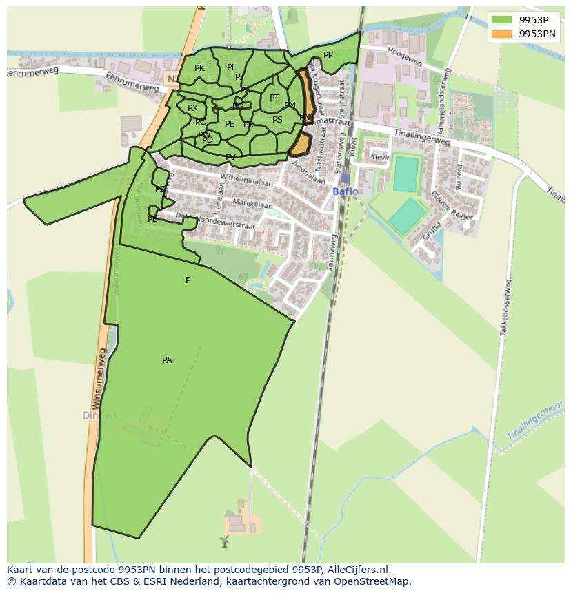Afbeelding van het postcodegebied 9953 PN op de kaart.