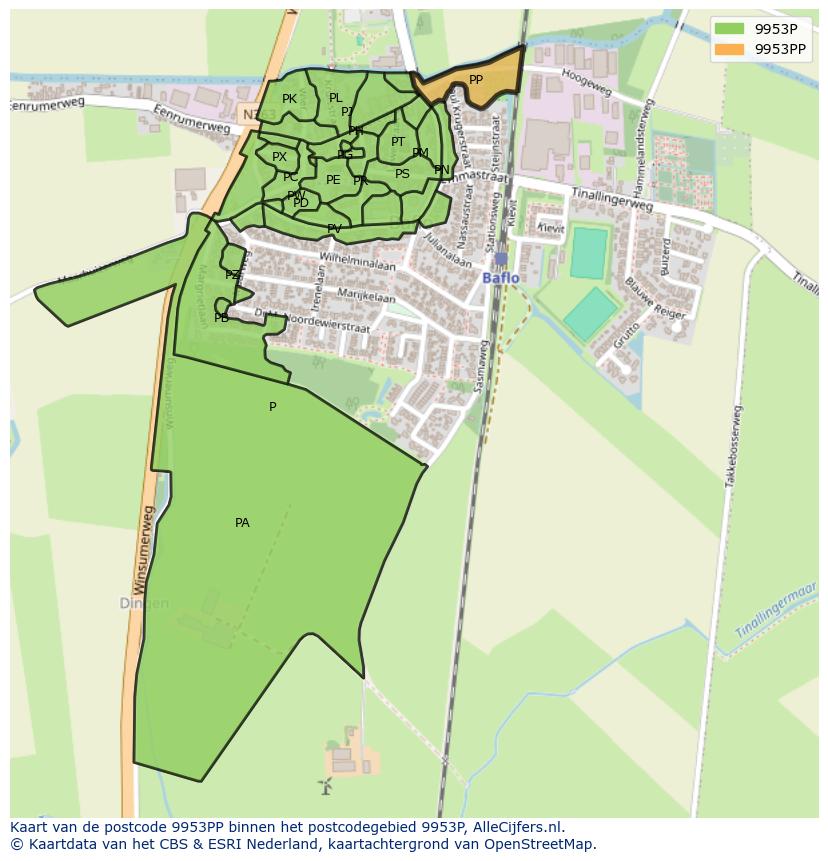 Afbeelding van het postcodegebied 9953 PP op de kaart.