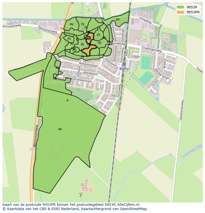 Afbeelding van het postcodegebied 9953 PR op de kaart.