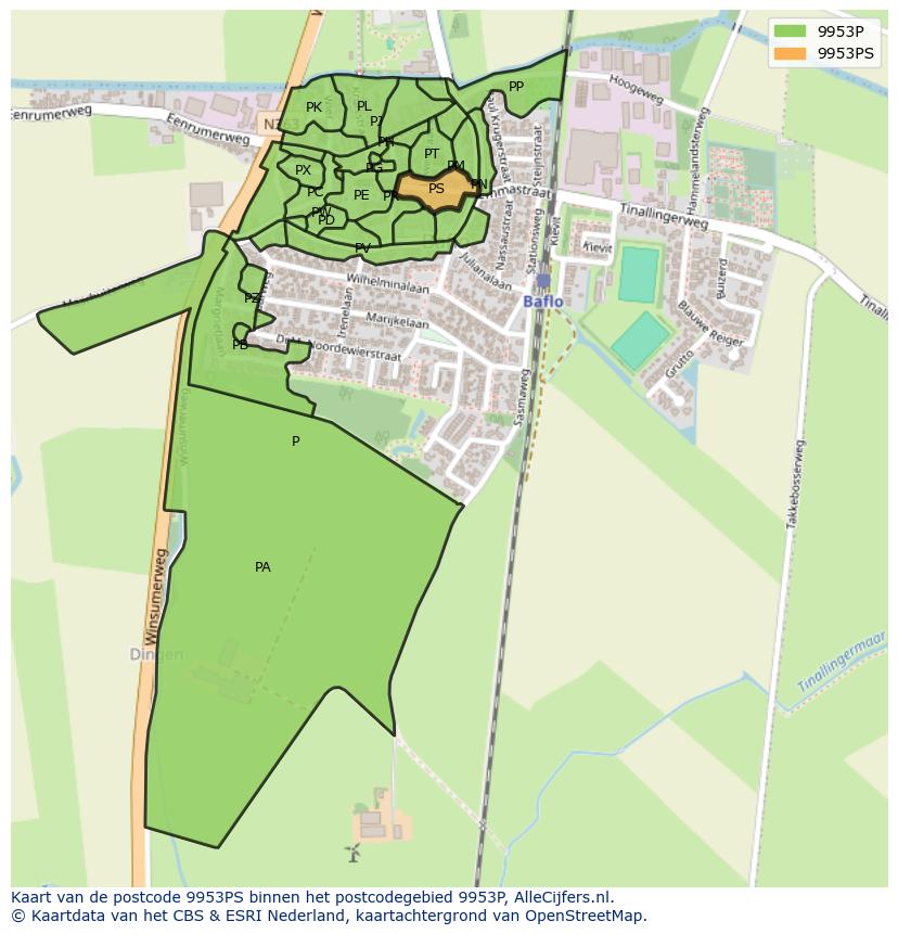 Afbeelding van het postcodegebied 9953 PS op de kaart.