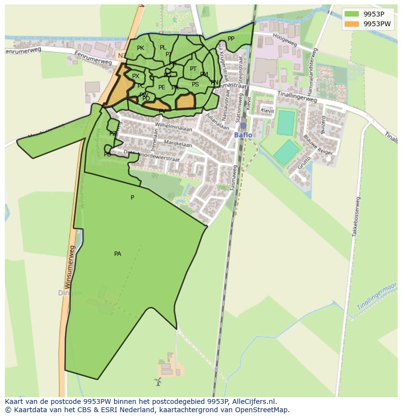 Afbeelding van het postcodegebied 9953 PW op de kaart.