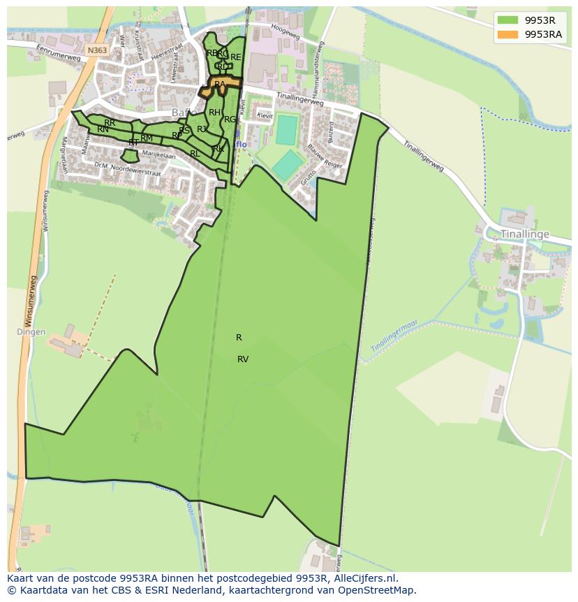 Afbeelding van het postcodegebied 9953 RA op de kaart.