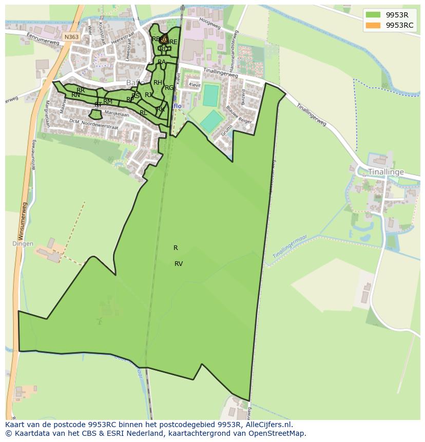 Afbeelding van het postcodegebied 9953 RC op de kaart.