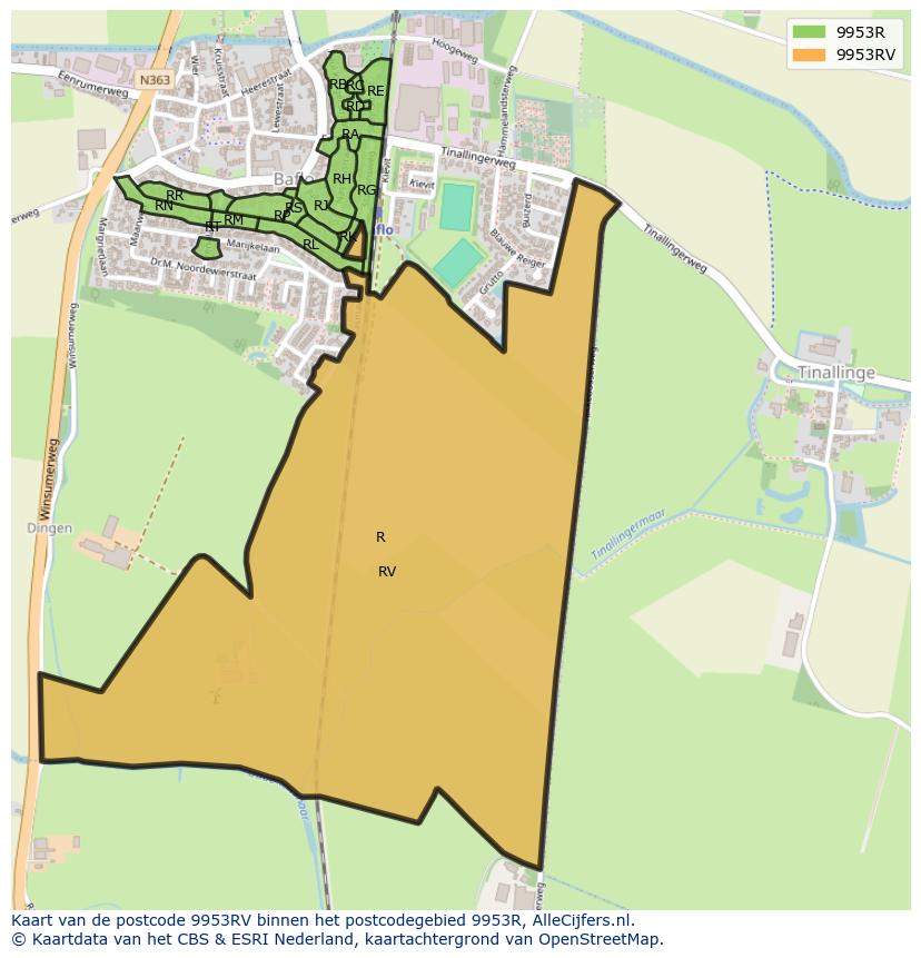 Afbeelding van het postcodegebied 9953 RV op de kaart.