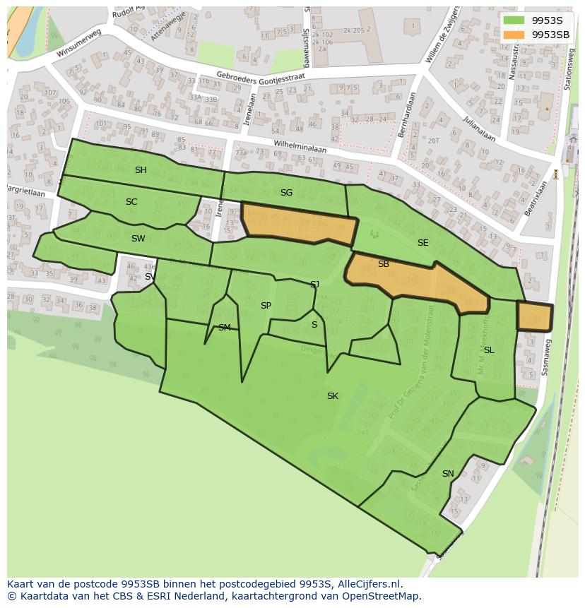 Afbeelding van het postcodegebied 9953 SB op de kaart.
