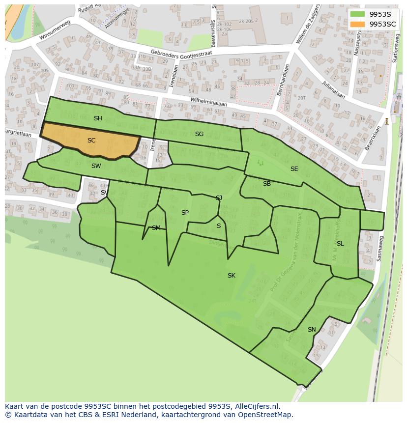 Afbeelding van het postcodegebied 9953 SC op de kaart.