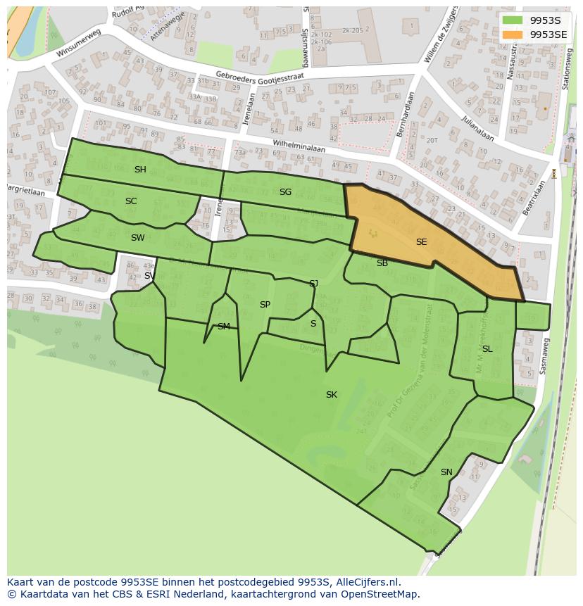 Afbeelding van het postcodegebied 9953 SE op de kaart.