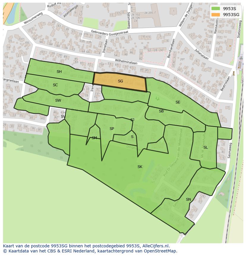 Afbeelding van het postcodegebied 9953 SG op de kaart.
