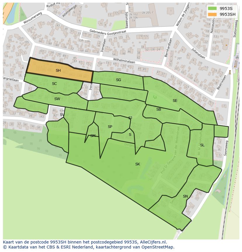 Afbeelding van het postcodegebied 9953 SH op de kaart.