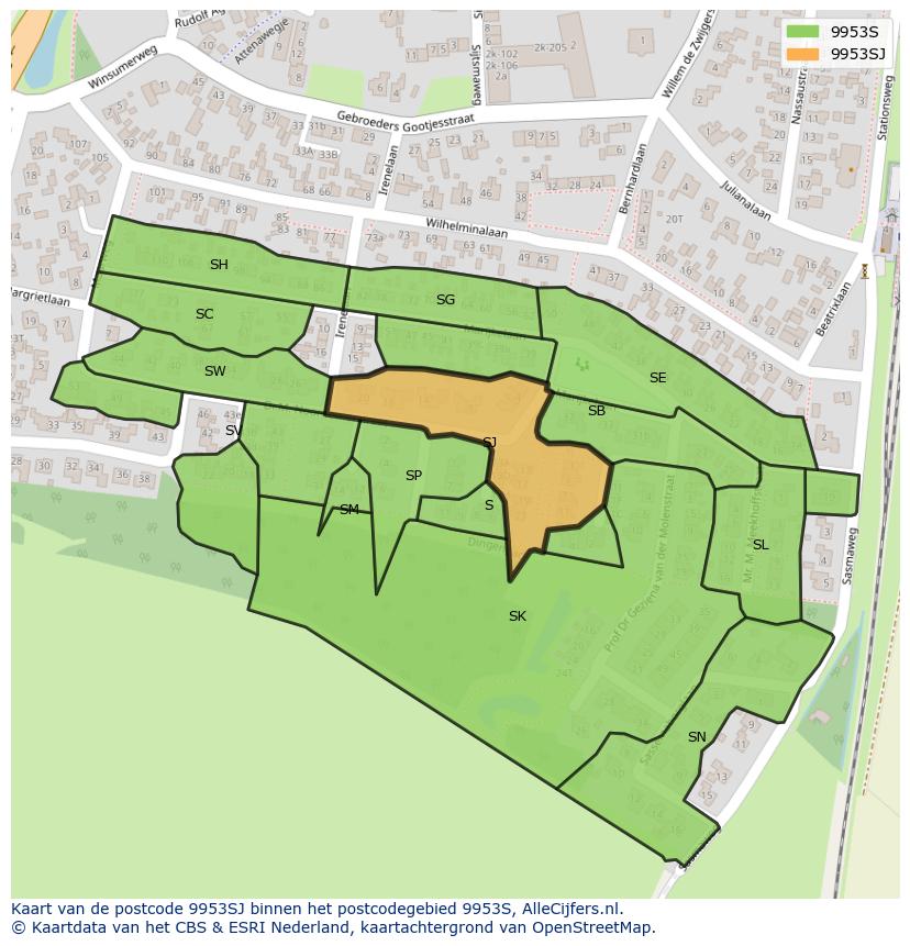 Afbeelding van het postcodegebied 9953 SJ op de kaart.