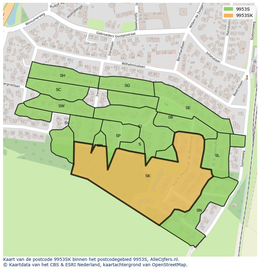 Afbeelding van het postcodegebied 9953 SK op de kaart.