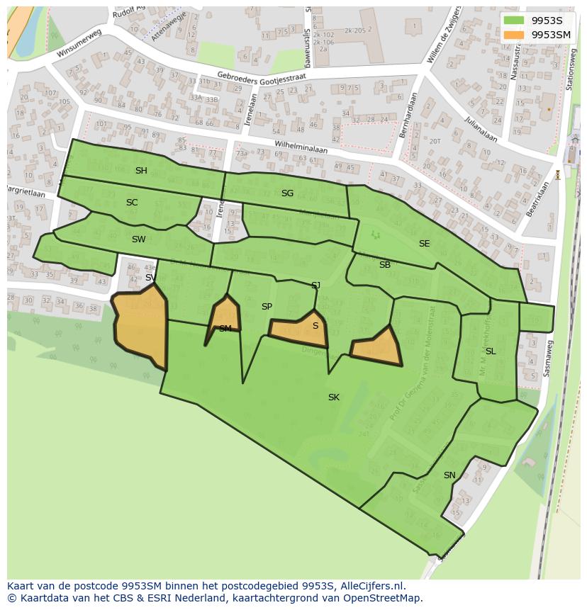 Afbeelding van het postcodegebied 9953 SM op de kaart.