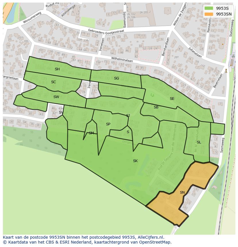 Afbeelding van het postcodegebied 9953 SN op de kaart.