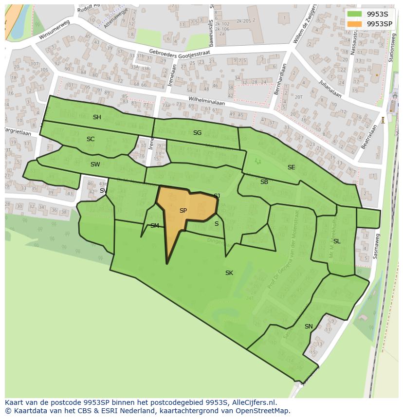 Afbeelding van het postcodegebied 9953 SP op de kaart.
