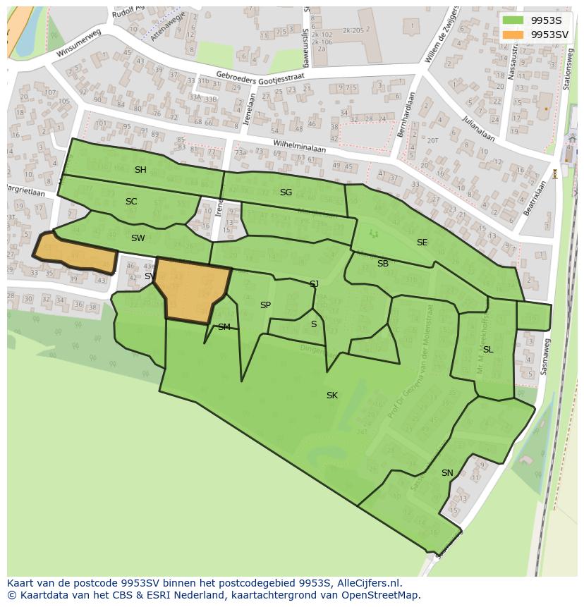 Afbeelding van het postcodegebied 9953 SV op de kaart.