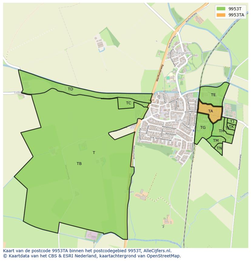 Afbeelding van het postcodegebied 9953 TA op de kaart.