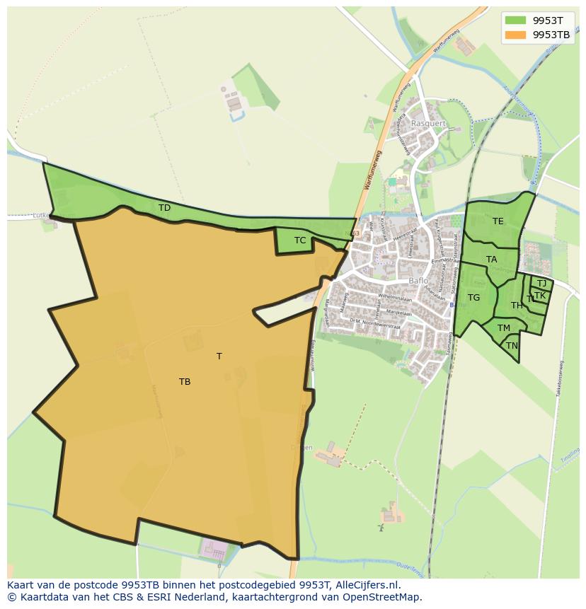 Afbeelding van het postcodegebied 9953 TB op de kaart.